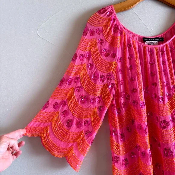 Antik Batik Pink Orange Beaded Silk Blouse 3/4 Sleeve Scalloped Hem Top Medium - Picture 3 of 13